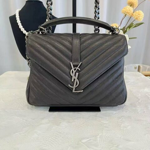 YSL College 黑銀V紋手提郵差包 24*17*6.5 97新 配件塵袋
