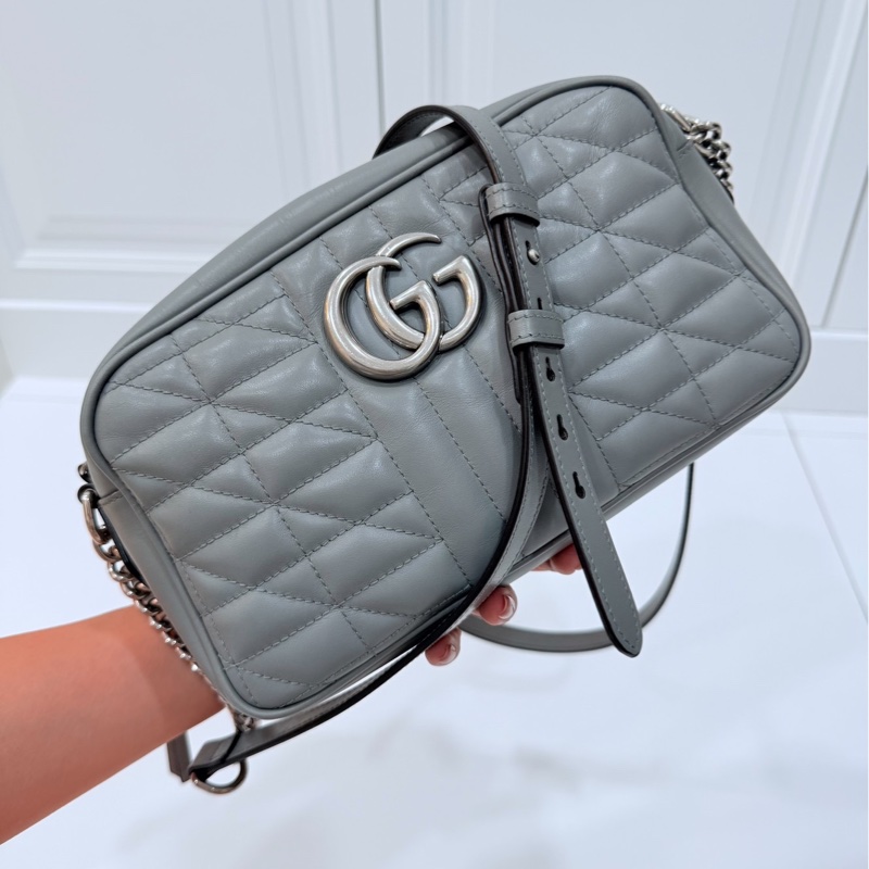 GUCCI GG Marmont 馬蒙 幾何 灰色 相機包 斜背包 肩背包 側背包 鍊條包-7