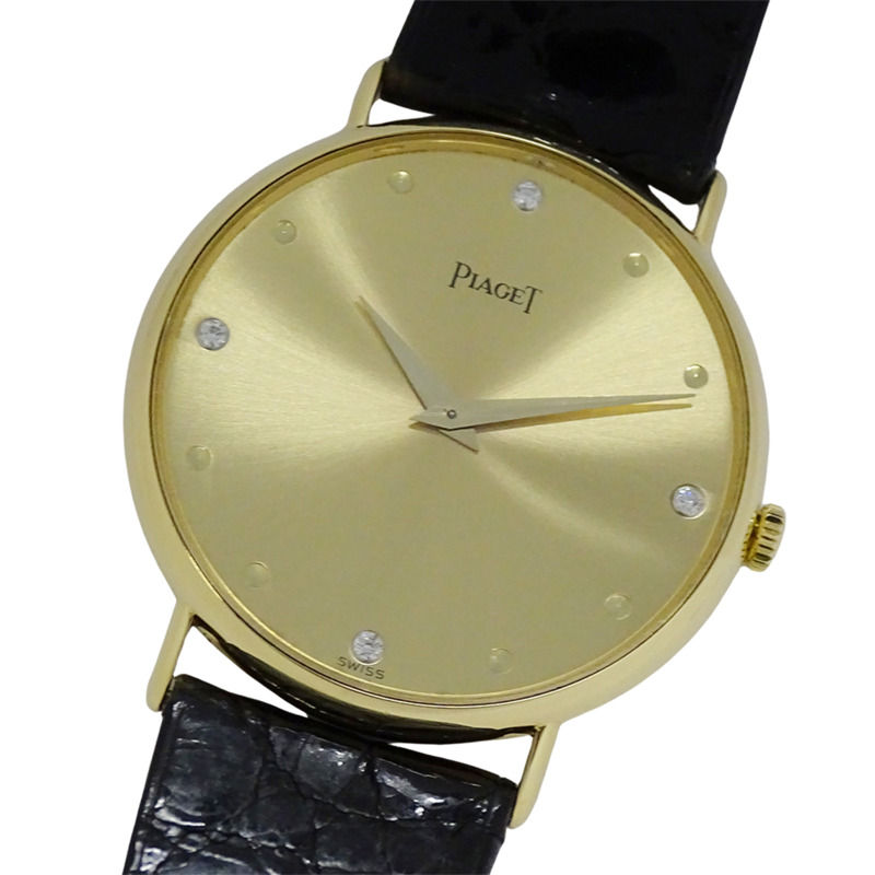 伯爵 Gubenaa 男士腕錶，4 顆鑽石，手動上鍊，750 黃金皮錶帶，90659，圓形，已翻新拋光-0