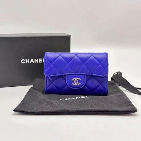 ️CHANEL 藍色銀扣羊皮短款錢包 11*8*2 98新配件盒子塵袋