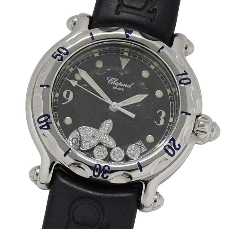 蕭邦 Happy Sport Fish 男士腕錶,鑲鑽,日期顯示,石英機芯,QZ 不銹鋼錶殼,橡膠錶帶,型號 28/8347,銀/黑色,拋光-0