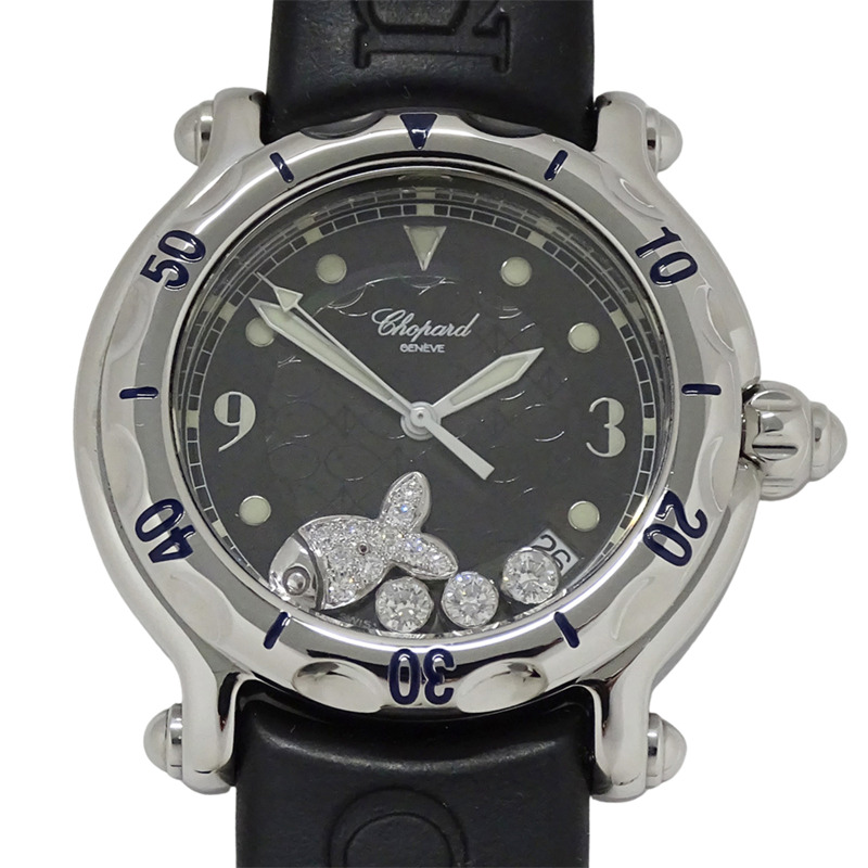 蕭邦 Happy Sport Fish 男士腕錶,鑲鑽,日期顯示,石英機芯,QZ 不銹鋼錶殼,橡膠錶帶,型號 28/8347,銀/黑色,拋光-1