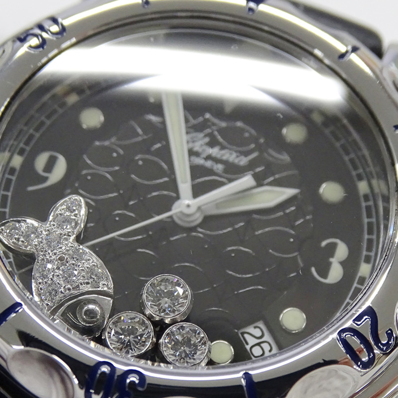 蕭邦 Happy Sport Fish 男士腕錶,鑲鑽,日期顯示,石英機芯,QZ 不銹鋼錶殼,橡膠錶帶,型號 28/8347,銀/黑色,拋光-10