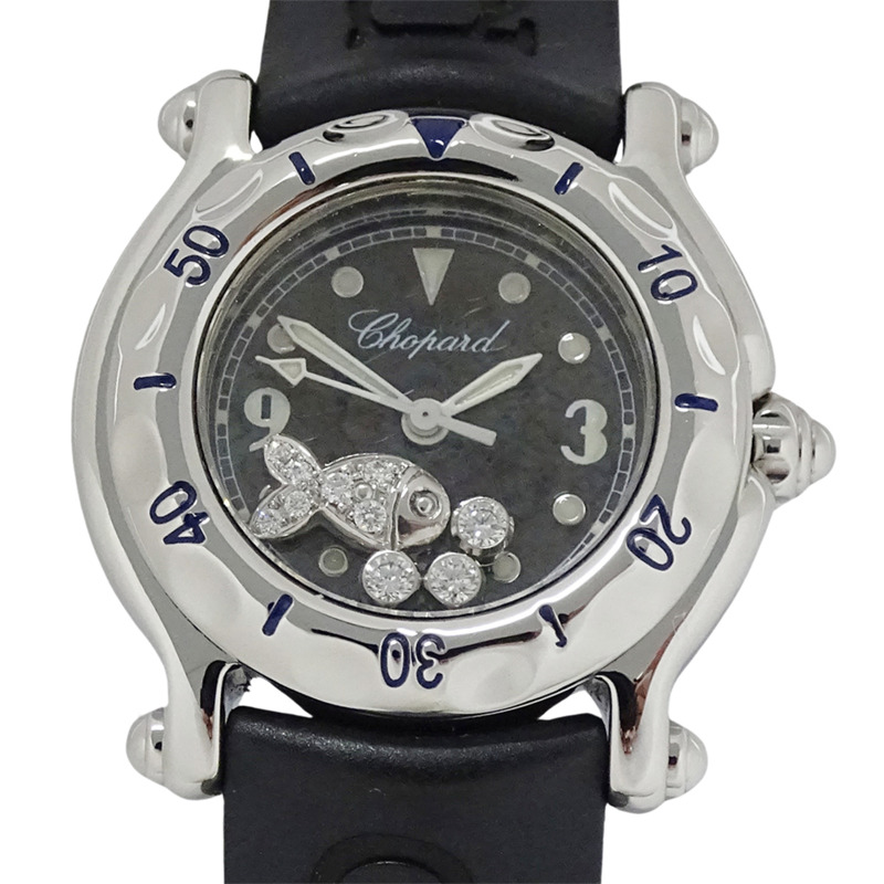 蕭邦 Happy Sport Fish 女士鑽石石英腕錶，不鏽鋼錶殼，橡膠錶帶，銀色/黑色，拋光，27/8923-1