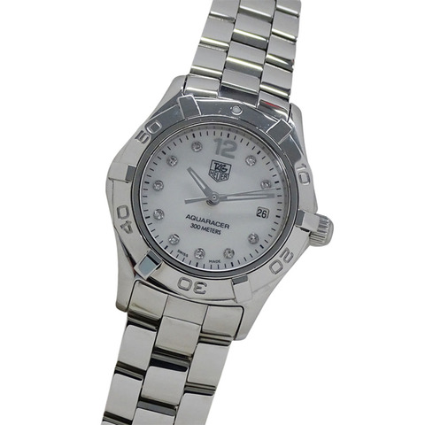 TAG Heuer Aquaracer WAF1415 BA0824 女士腕錶，貝殼錶殼，10 顆鑽石，日期顯示，石英機芯，不鏽鋼錶殼，銀色，拋光