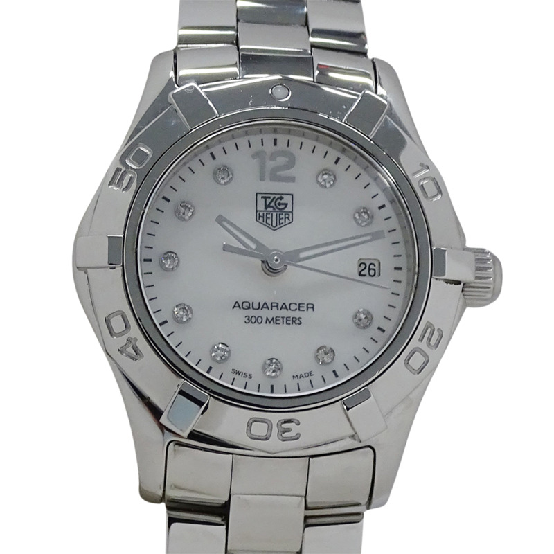 TAG Heuer Aquaracer WAF1415 BA0824 女士腕錶，貝殼錶殼，10 顆鑽石，日期顯示，石英機芯，不鏽鋼錶殼，銀色，拋光-1