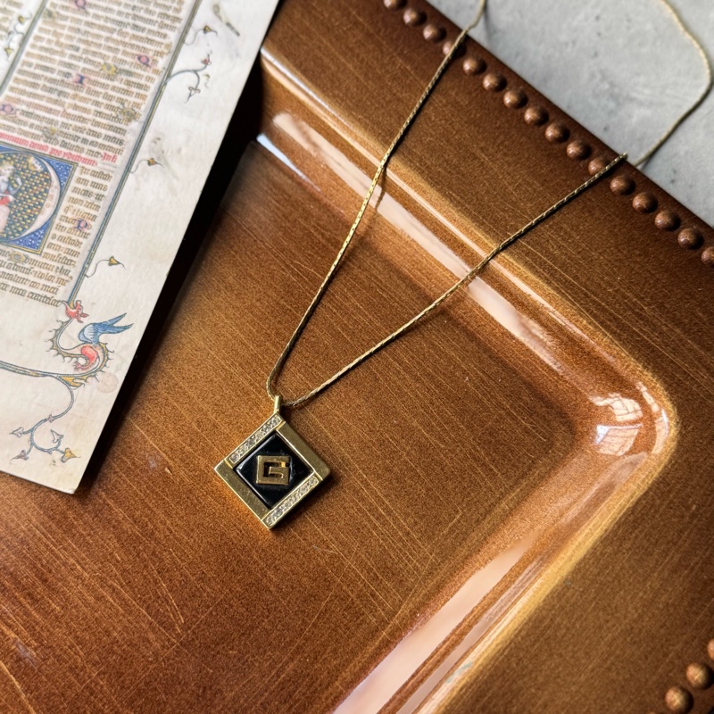 Givenchy G logo 鍍金 皓石 黑琺瑯 項鏈 頸鏈-2