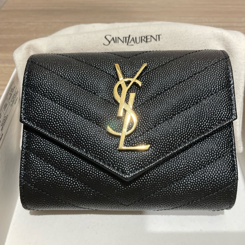 YSL魚子醬牛皮金色LOGO三摺短夾-0