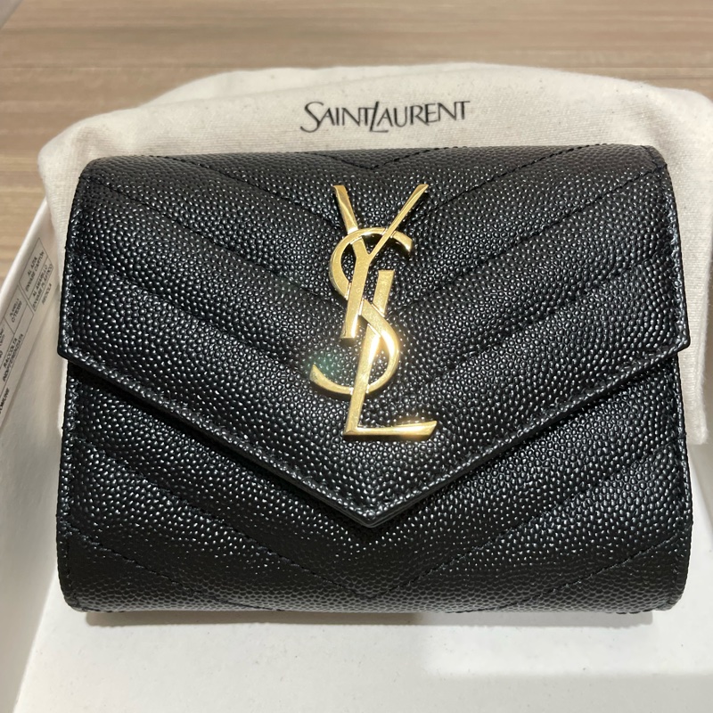 YSL魚子醬牛皮金色LOGO三摺短夾-5