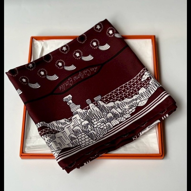 Hermes 咖啡紅白 星光峽谷圖 方絲巾 Les canyons etoiles-0