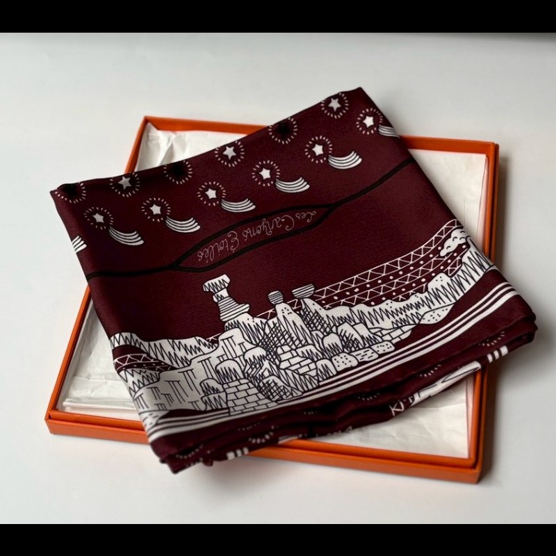 Hermes 咖啡紅白 星光峽谷圖 方絲巾 Les canyons etoiles-1