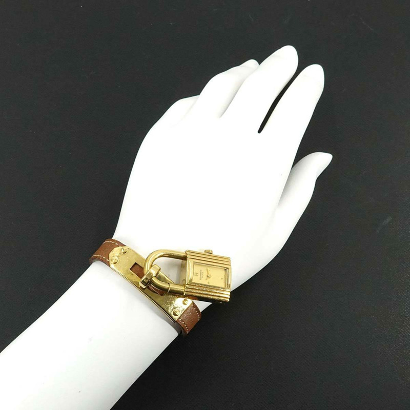 愛馬仕 Kelly 女士腕錶,金色棕色石英錶殼,帶 Cadena 錶帶-2
