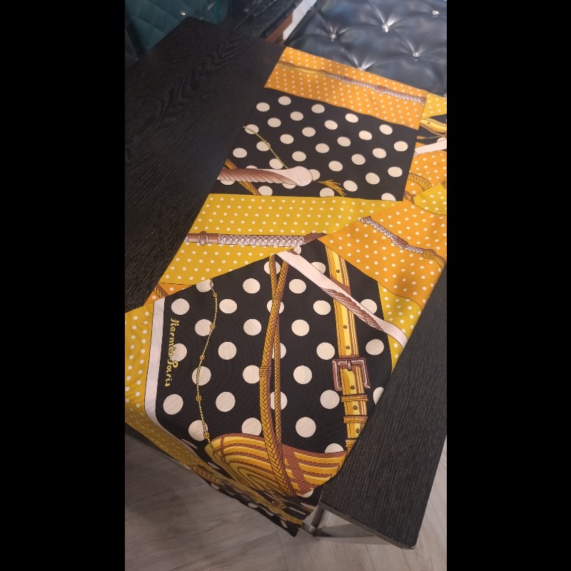 Hermes 黃黑底波爾卡圓點大twilly clic clac a pois-2