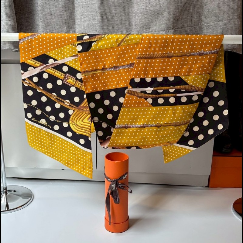 Hermes 黃黑底波爾卡圓點大twilly clic clac a pois-3