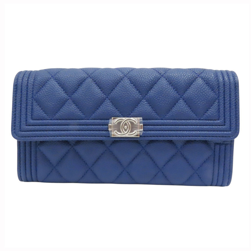 藍色 牛皮 菱格紋 荔枝紋 BOY 扣式長夾 銀扣 A80286-0