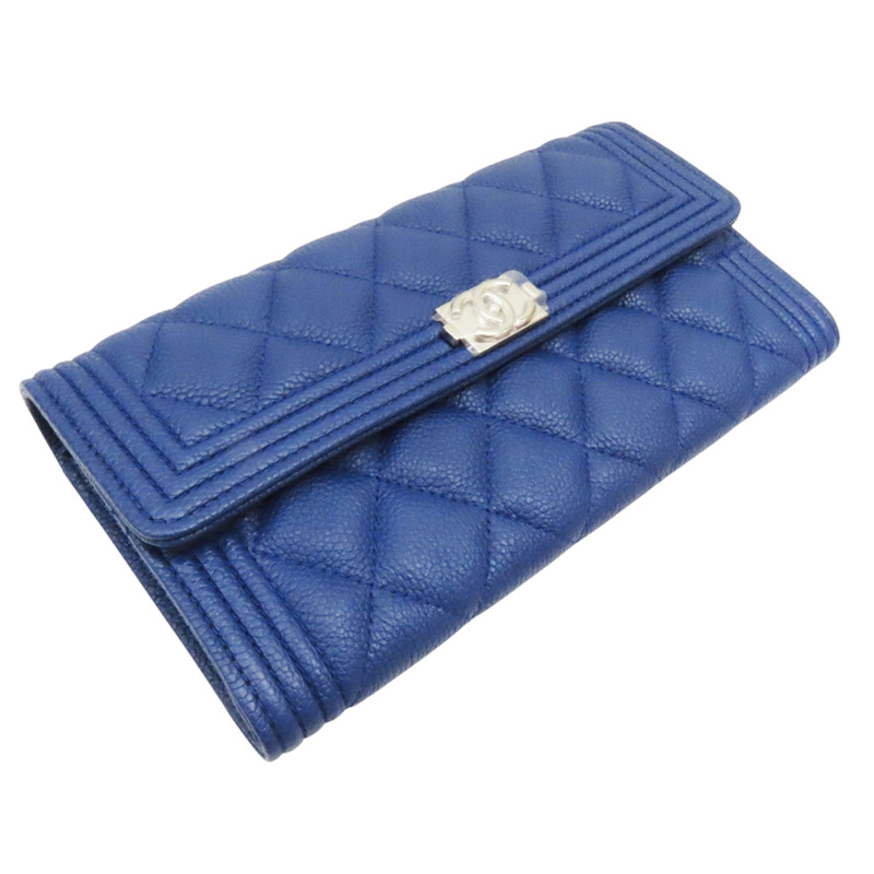 藍色 牛皮 菱格紋 荔枝紋 BOY 扣式長夾 銀扣 A80286-2