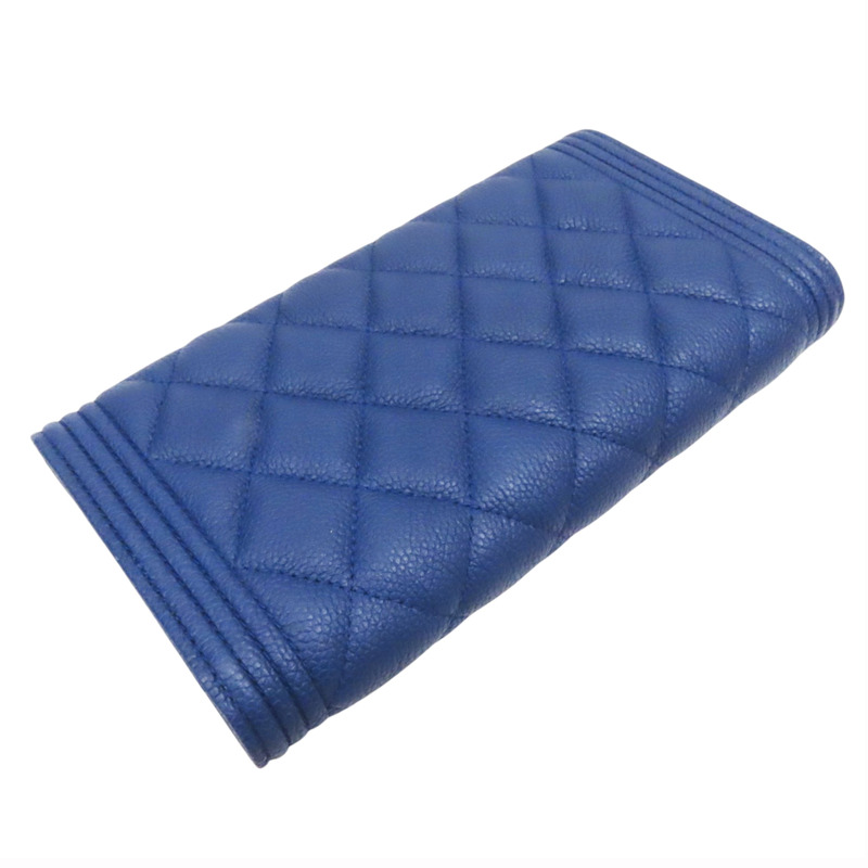 藍色 牛皮 菱格紋 荔枝紋 BOY 扣式長夾 銀扣 A80286-3