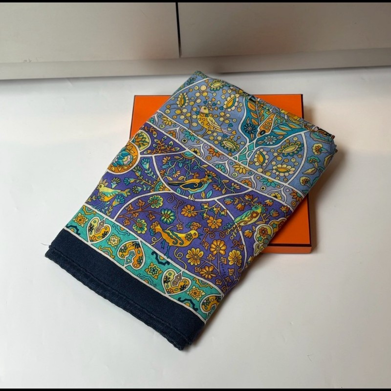 Hermes 藍紫色花鳥之國圍巾 Au Pays des Oiseaux Fleurs-6