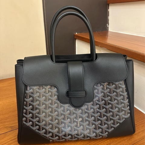 GOYARD 黑皮革咖PVC掀蓋手提包