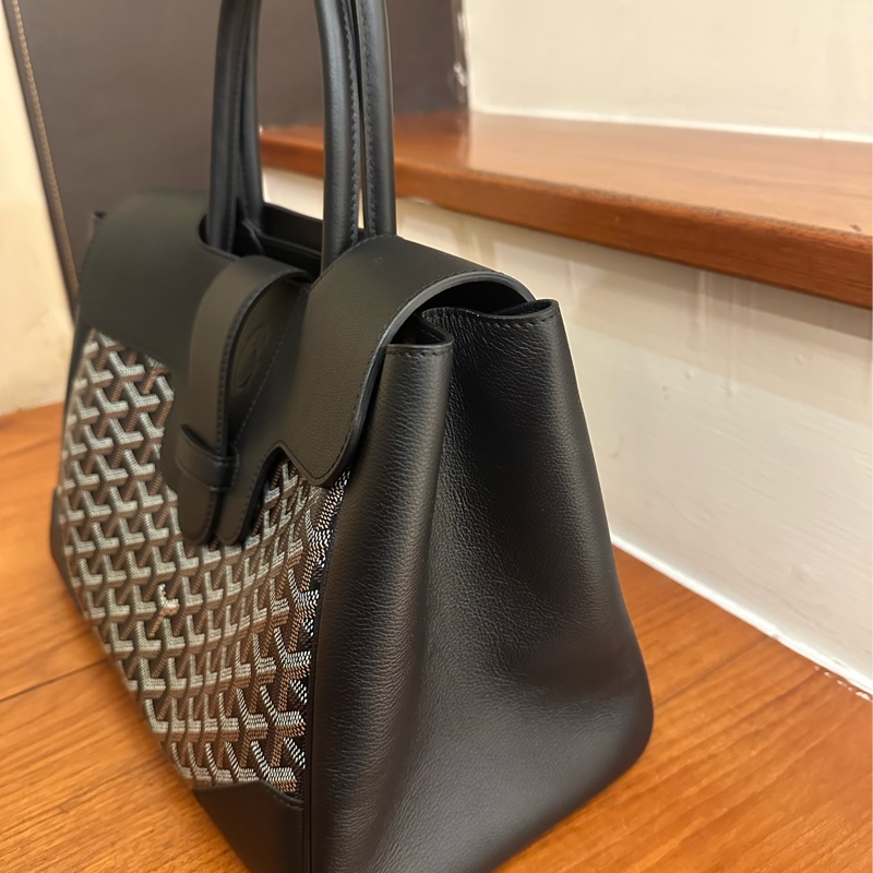 GOYARD 黑皮革咖PVC掀蓋手提包-1