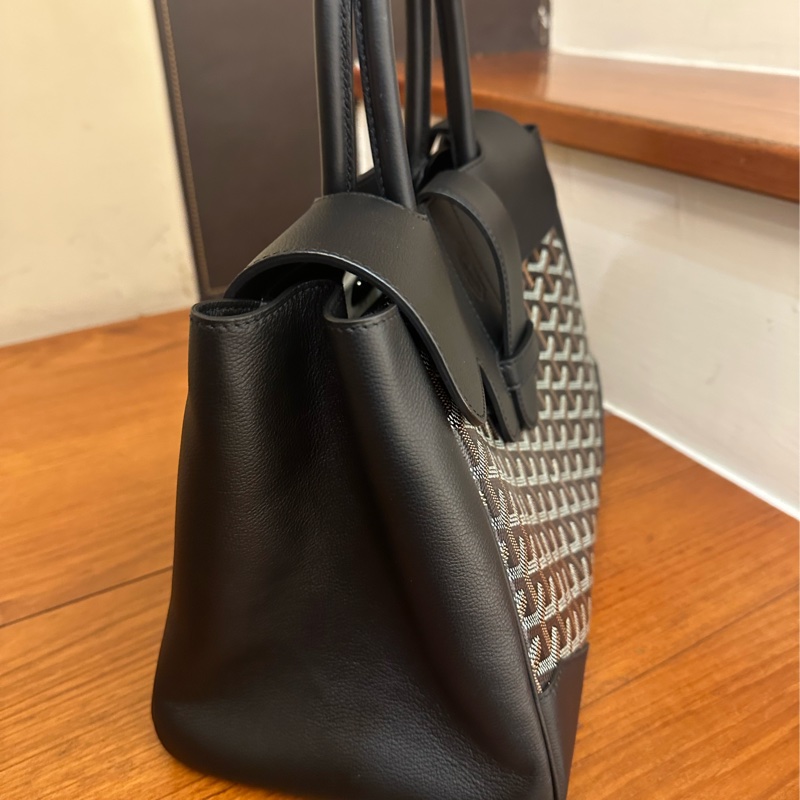 GOYARD 黑皮革咖PVC掀蓋手提包-2