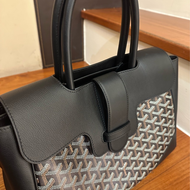 GOYARD 黑皮革咖PVC掀蓋手提包-3