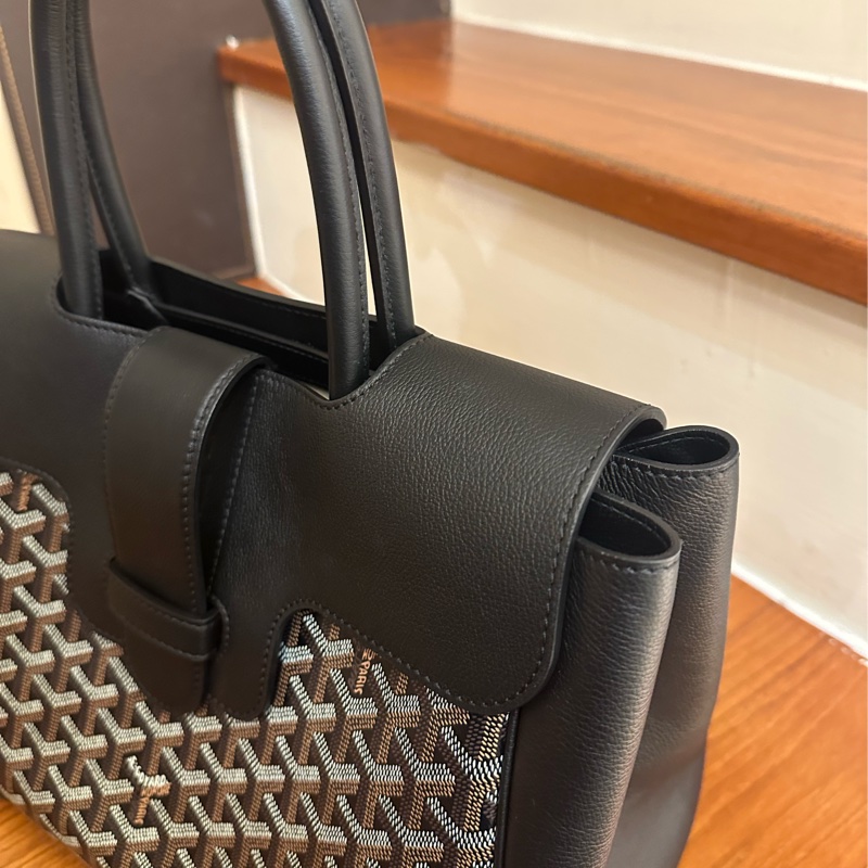 GOYARD 黑皮革咖PVC掀蓋手提包-4