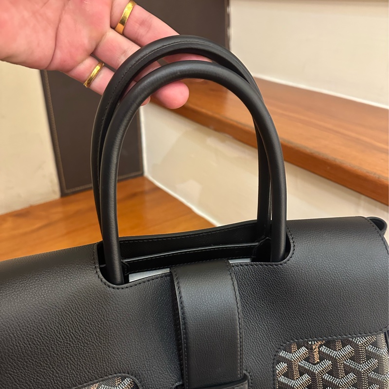 GOYARD 黑皮革咖PVC掀蓋手提包-5