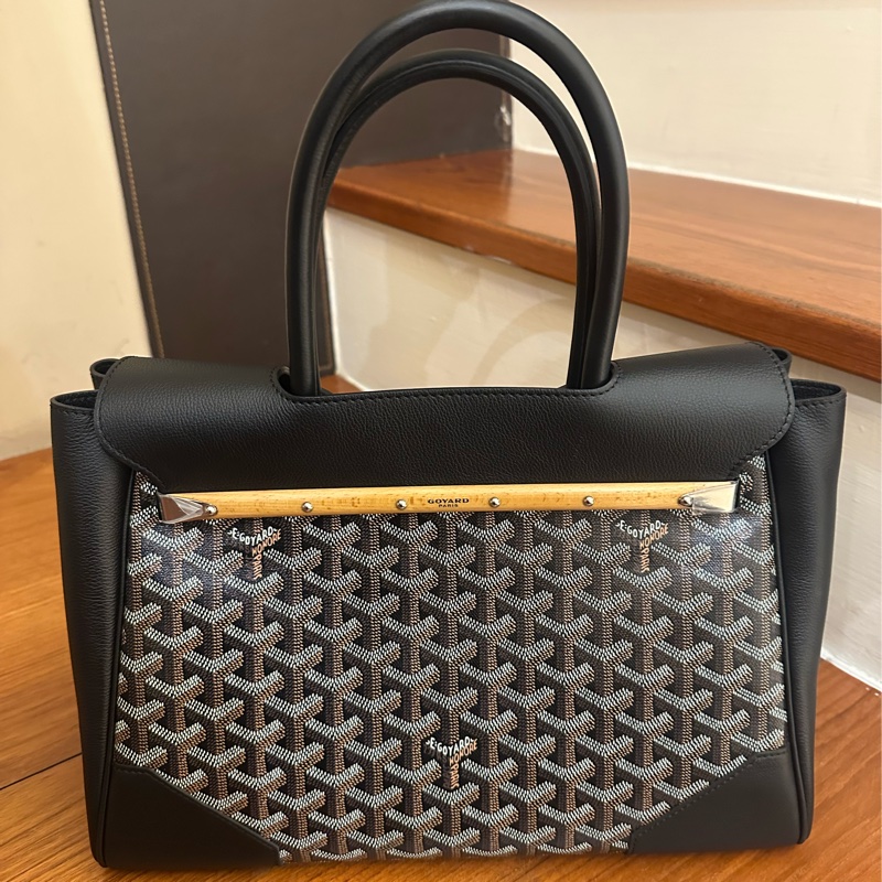 GOYARD 黑皮革咖PVC掀蓋手提包-6