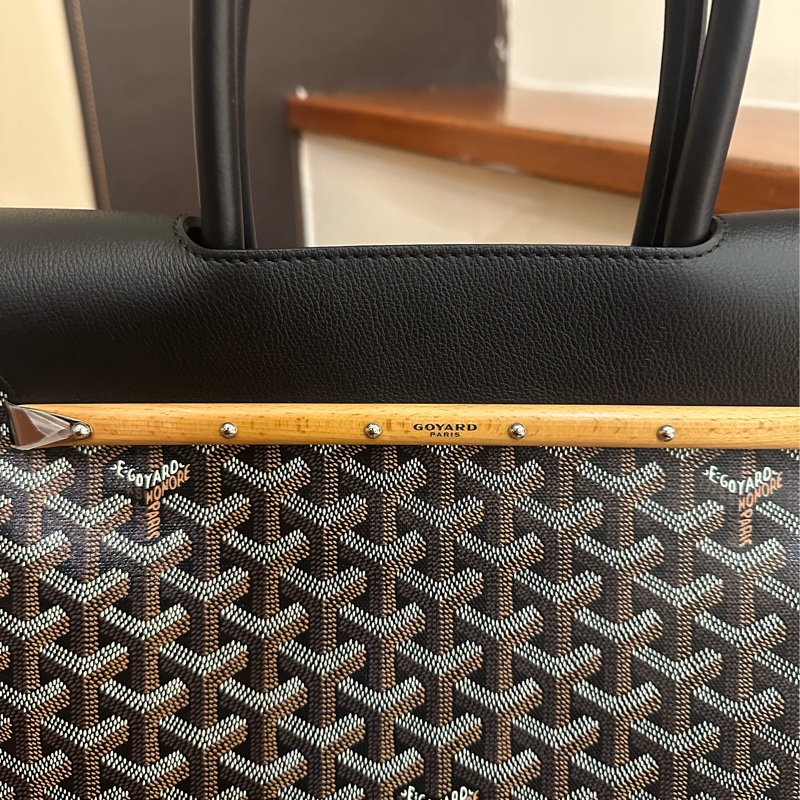 GOYARD 黑皮革咖PVC掀蓋手提包-7