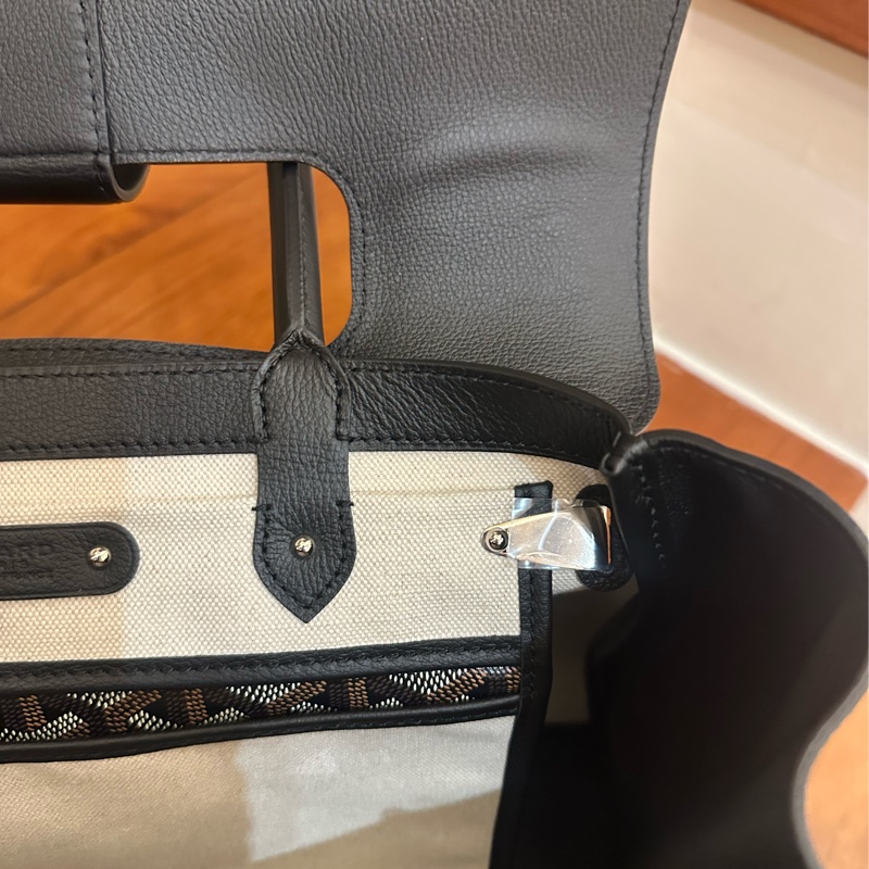 GOYARD 黑皮革咖PVC掀蓋手提包-12