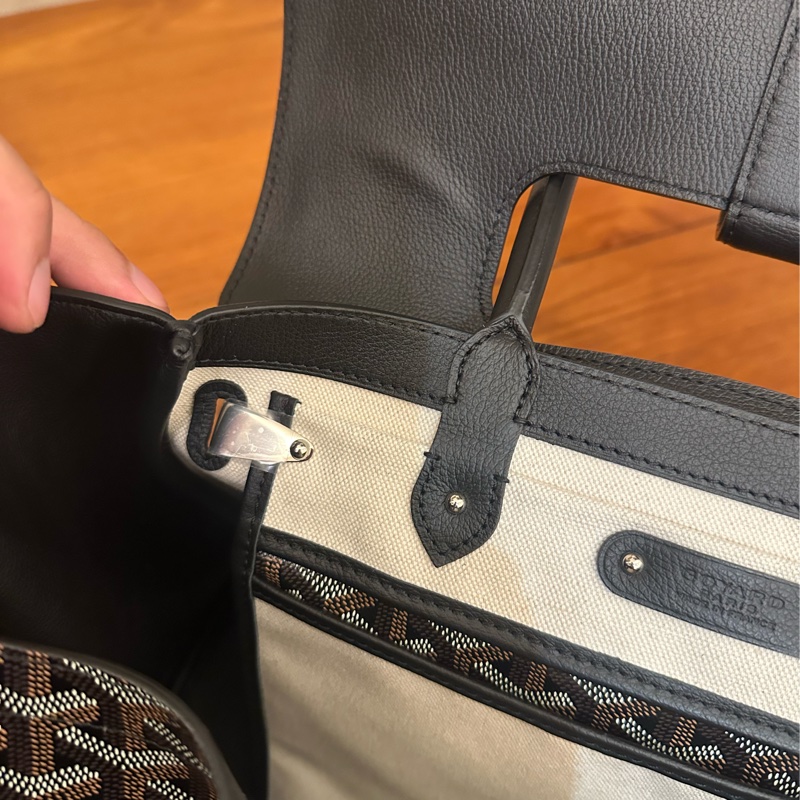 GOYARD 黑皮革咖PVC掀蓋手提包-13