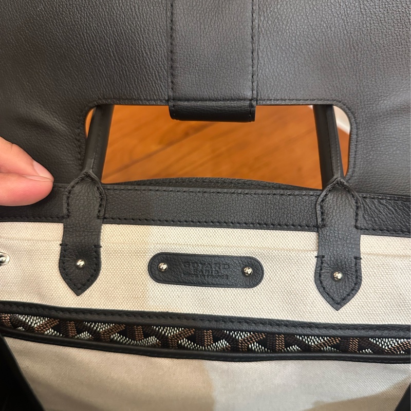 GOYARD 黑皮革咖PVC掀蓋手提包-14