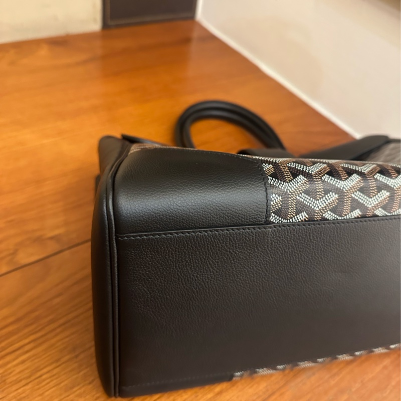 GOYARD 黑皮革咖PVC掀蓋手提包-17