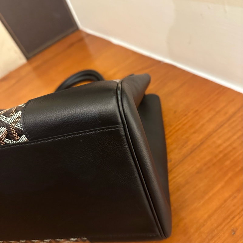 GOYARD 黑皮革咖PVC掀蓋手提包-18