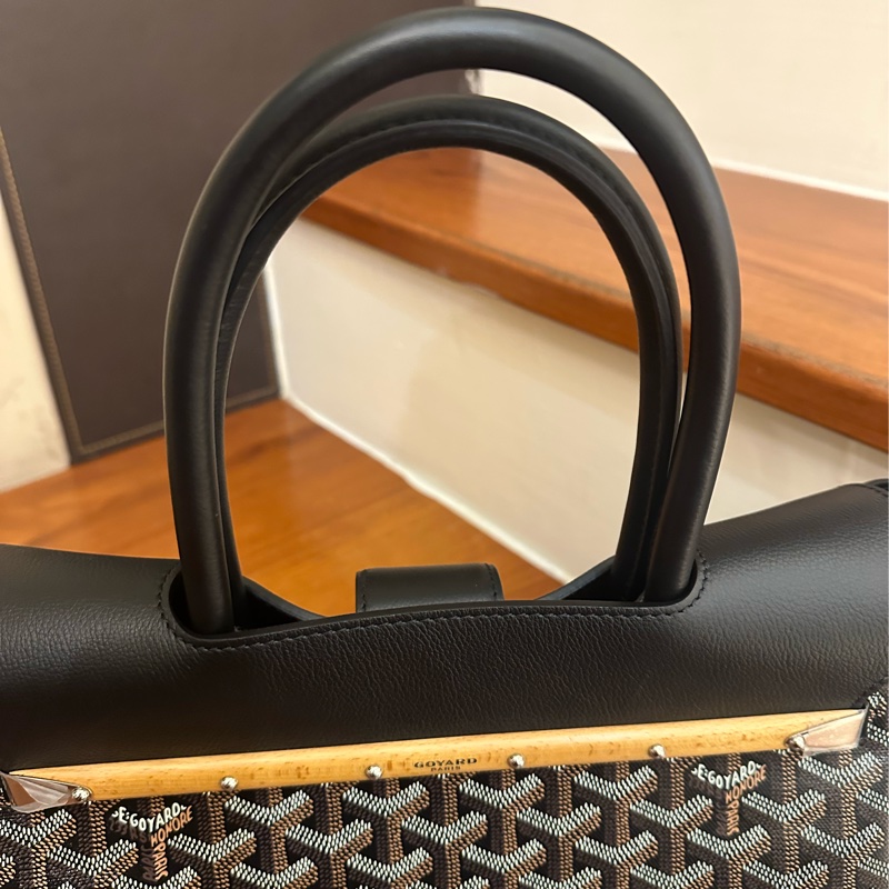 GOYARD 黑皮革咖PVC掀蓋手提包-19