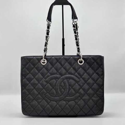 CHANEL 黑銀荔枝牛皮GST手提單肩背包34*24*13 98新配件塵袋