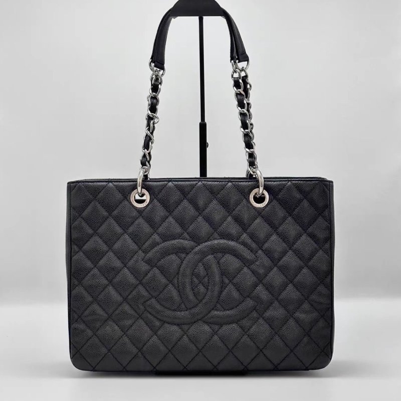 CHANEL 黑銀荔枝牛皮GST手提單肩背包34*24*13 98新配件塵袋-0