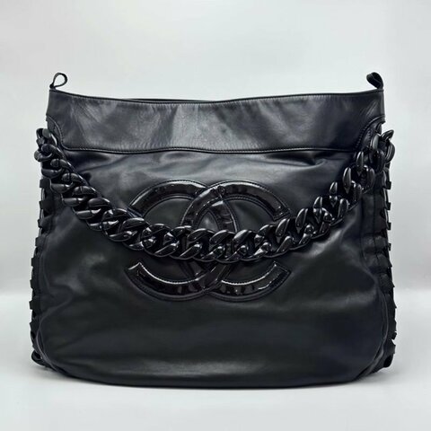 CHANEL 黑色雙C大LOGO滾邊粗鏈條肩背腋下包41*40*11 98新