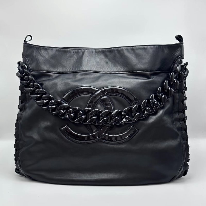 CHANEL 黑色雙C大LOGO滾邊粗鏈條肩背腋下包41*40*11 98新-0