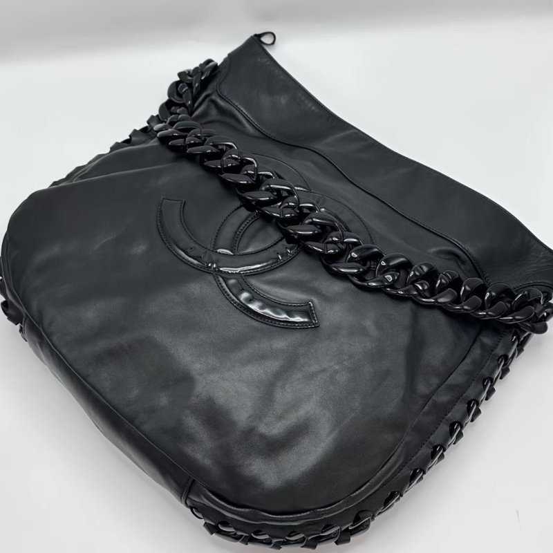 CHANEL 黑色雙C大LOGO滾邊粗鏈條肩背腋下包41*40*11 98新-2