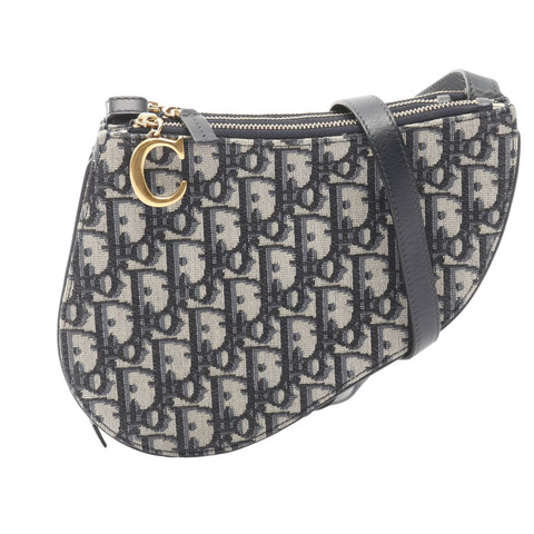 Christian Dior 馬鞍形斜背包，帆布皮革海軍藍，二手