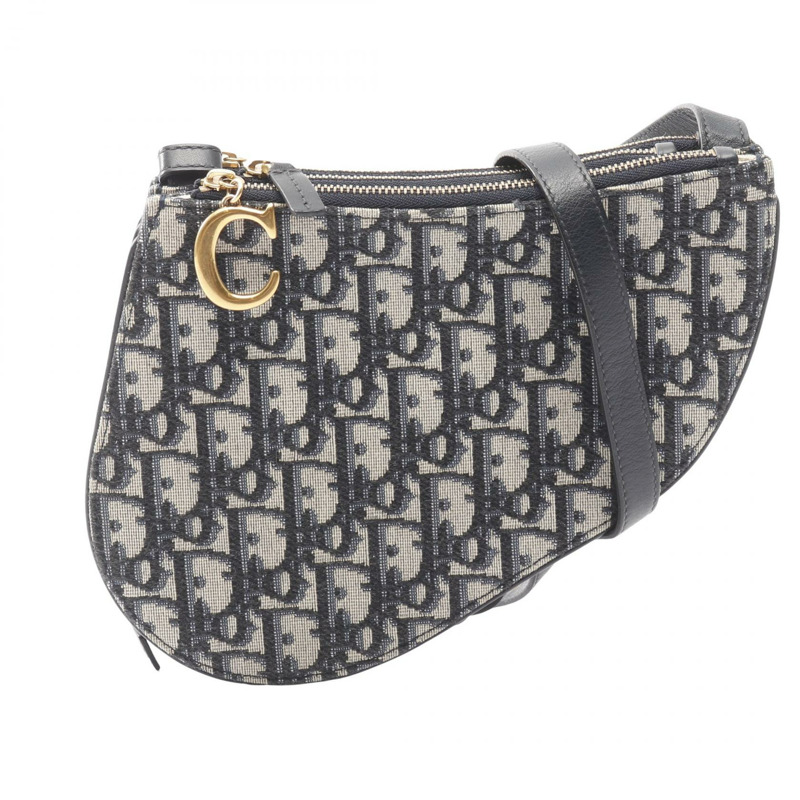 Christian Dior 馬鞍形斜背包,帆布皮革海軍藍,二手-0