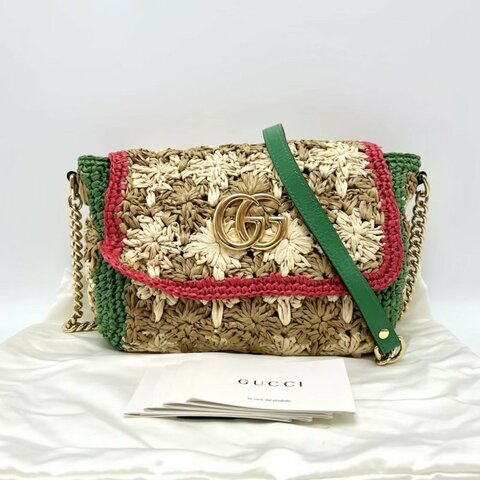 GUCCI 彩色紅綠拼拉菲草編肩背斜背包22*16*5 98新配件塵袋