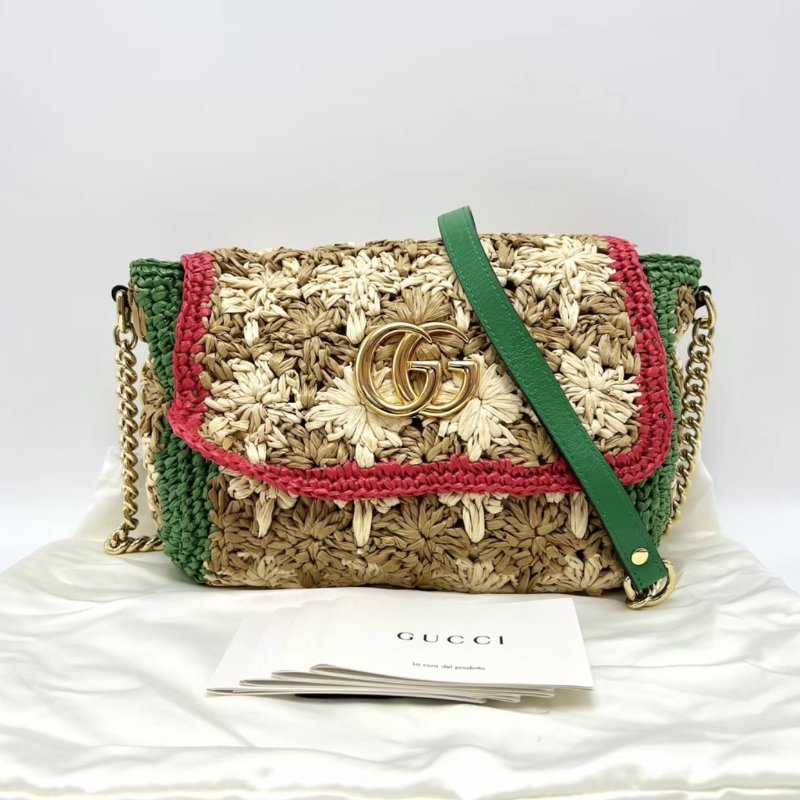 GUCCI 彩色紅綠拼拉菲草編肩背斜背包22*16*5 98新配件塵袋-0