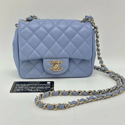 CHANEL baby藍金扣方胖子肩背斜背鏈條包16*12*7.5 98新配件塵袋保卡