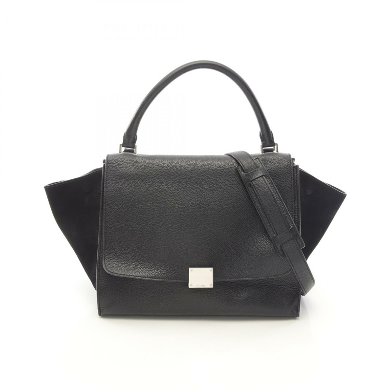 CELINE Trapeze 中型單肩手提包 169543 黑色麂皮皮革 二手 女士-0
