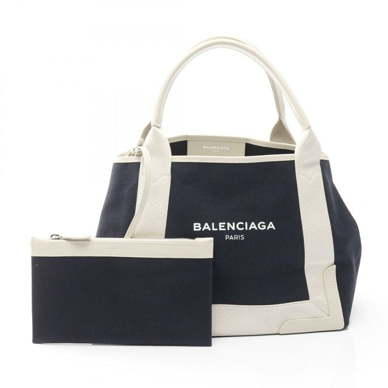 BALENCIAGA 海軍藍 CABAS S 手提包 339933 帆布皮革 海軍藍 白色 二手 女士-0
