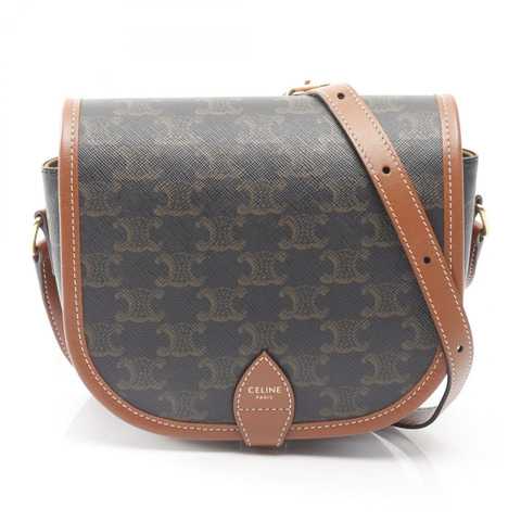 CELINE Folco 中型 Triomphe 單肩包，帆布皮革，黑色/棕色，二手女款