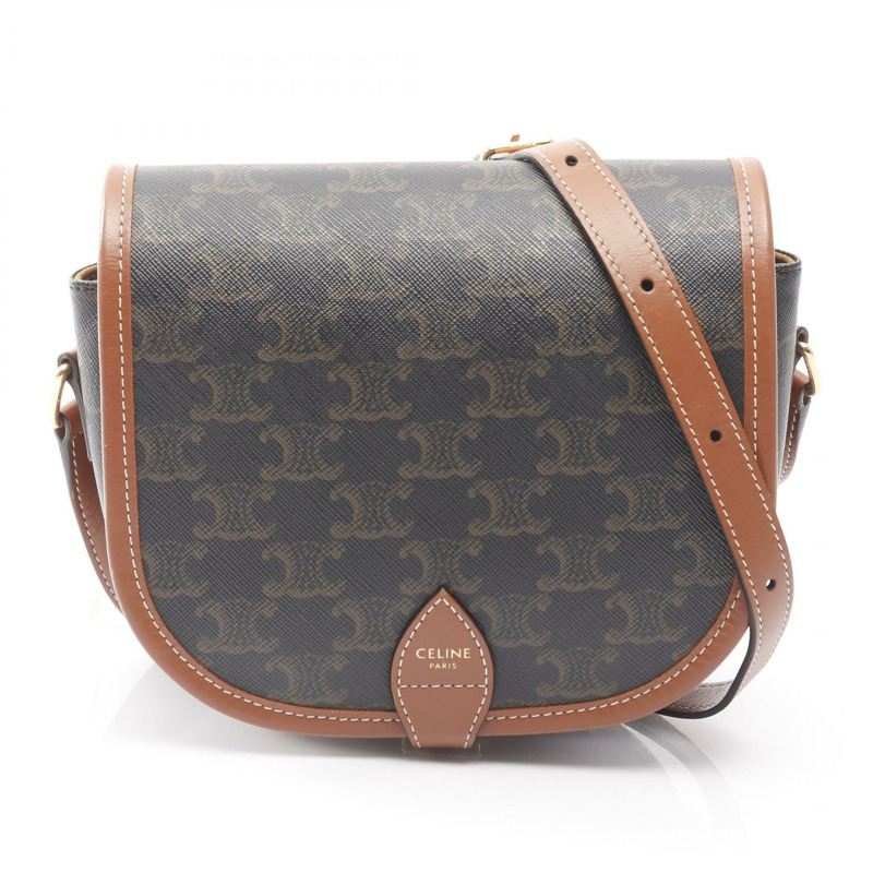 CELINE Folco 中型 Triomphe 單肩包,帆布皮革,黑色/棕色,二手女款-0